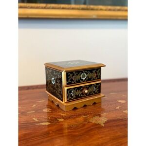 Vintage Reverse Painted Glass Jewelry Box with Mirror & Drawer